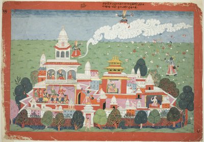 Pradyumna går in i demonen Sambars palats och utmanar honom till strid, sida från ett manuskript till Bhagavata Purana som har spridits av Unknown artist