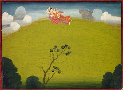 Pradyumna och Mayavati Flyg till Dwarka, från den stora Basohli Bhagavata Purana av Unknown artist