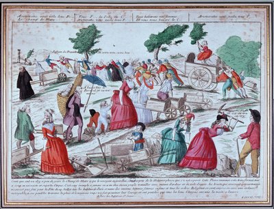 Förberedelse på Champs de Mars av högtiden den 14 juli - gravyr av Unknown artist