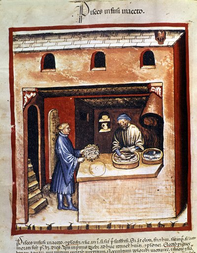 Beredning av havsfisk i vinäger. Belysning från mjölkning av medicin och diet "" Tacuinum sanitatis"" av Unknown artist
