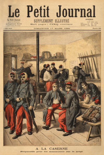 Förbereder sig för manövrer på snön, istället för att bära glasögon med rökglasögon, är soldaterna omgivna av svart sot. Gravyr i "" Le petit journal"" 1895-03-17. Selvas samling. av Unknown artist