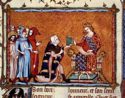 Presentation av boken: Jean de Joinville (1224-1317) erbjuder sin bok till Ludvig, kung av Navarra framtida Ludvig X hutin. Miniatyr i "" Vie de Saint Louis"" av Unknown artist