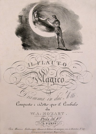 Prins Tamino tar emot den förtrollade flöjten av Nattens drottning, omslagsillustration av partitionsboken "" Den förtrollade flöjten"" (Die Zauberflote) (1791) av W.A. Mozart (1756-1792). Leonard de Selva samling. av Unknown artist