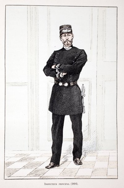 Överinspektör (1894). Etsning i färger, för illustration "" History of the Corps of Peacekeepers""" bok publicerad under beskydd av Louis Lepine (1846-1933), prefekt för polisen på Seine, av Alfred Rey (1864-?) och Louis Feron (1862) -?) av Unknown artist