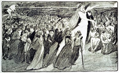Procession under pilgrimsfärden i Lourdes, allegori av Theophile Alexandre Steinlen (1859 - 1923) som illustrerar "Lourdes" av Emile Zola (1840-1902) hämtad från "Gil Blas illustrious"" av Unknown artist