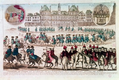 Procession med anledning av fredsutgivningsceremonin framför Rådhuset (Place de Greve). Gravyr av 1700-talet B.N. Paris av Unknown artist