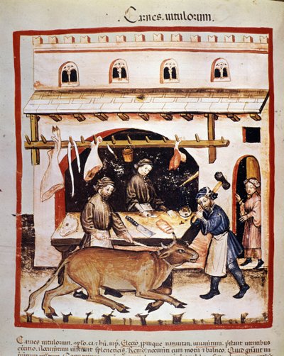 Produktion och försäljning (slaktare) av nötkött: ett nötkött är bedövat. Belysning från mjölkning av medicin och diet "" Tacuinum sanitatis"" av Unknown artist