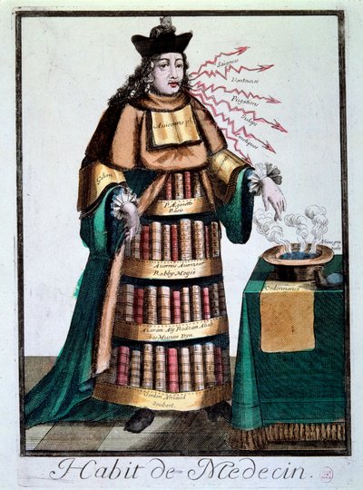Yrke: "" läkarens klänning"" En man som bär böckerna från Galien, Avicenna (Avicenna) som betecknar ett bassäng som innehåller en vätska, ett recept och citerar behandlingar. Gravyr av 1700-talets Paris, Musee Carnavalet av Unknown artist