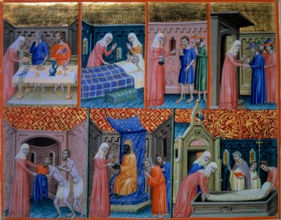 Psalm 88: Kärlek. Kvinna som serverar två fattiga vid bordet, besöker en sjuk person, dricker två fångar, välkomnar resenärer, ger kläder, köper fångar och begraver en död man. Miniatyr i "" Psalter of Canterbury"" (f.156v), v.1200-1250. BN, av Unknown artist