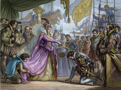 Drottning Elizabeth I (1530-1603) riddar Francis Drake (1540-96) - Mjukning av Francis Drake (1540-1596) av Unknown artist