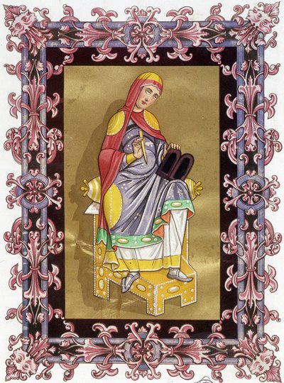 Radegonde (ca 520 - 587), drottning av Frankrike, hustru till Clotaire (Clothaire) I. Kromolitografi från 1800-talet baserad på belysning. av Unknown artist