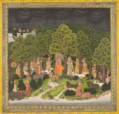 Radha och Krishna möts i skogen under en storm av Unknown artist