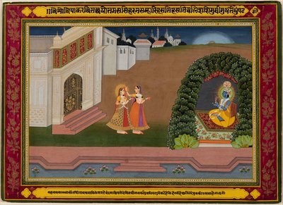 Radhas förtrogna tar henne till Krishna, baserad på Biharis poesi (indian, 1595–1663) av Unknown artist