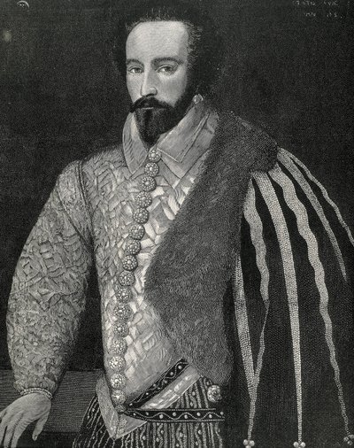 Raleigh, Sir Walter (1554-1618). Engelsk sjöman, upptäcktsresande och mäklare. Porträtt av Sir Walter Raleigh. Graverad 1891, utförd efter ett anonymt original som finns bevarat på National Portrait Gallery i London. Gravyr. av Unknown artist