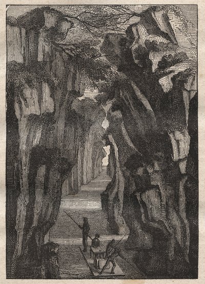 Erkännande av Amazonas (1743-1744) av Charles Marie de La Condamine (1701-1774): Pongo de Manseriche (Peru) klyfta i Rio Maranon som förenar sig med Rio Ucayali för att bilda Amazonasfloden - illustration hämtad från "The Great Mariners av 1700-talet"" av Unknown artist