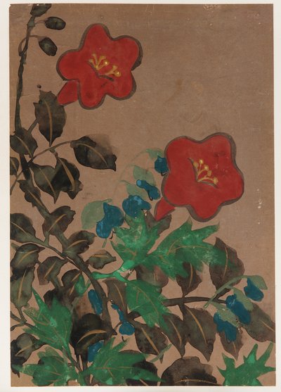 Röda och blå blommor och bladverk av Unknown artist