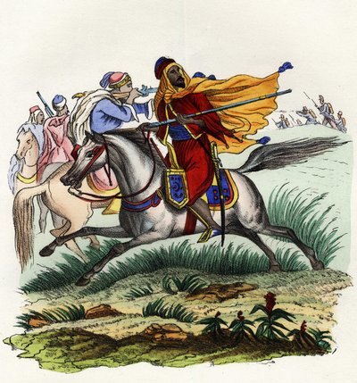 Röda ryttare från Emir Abd-el-Kader som flyr framför jägarna från den franska armén i Afrika i Oran 1841. I "" Storia d