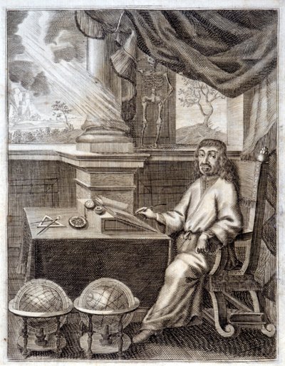 René Descartes (1596 - 1650) på sitt kontor med vetenskaplig utrustning. Gravyr av 1600-talet. av Unknown artist