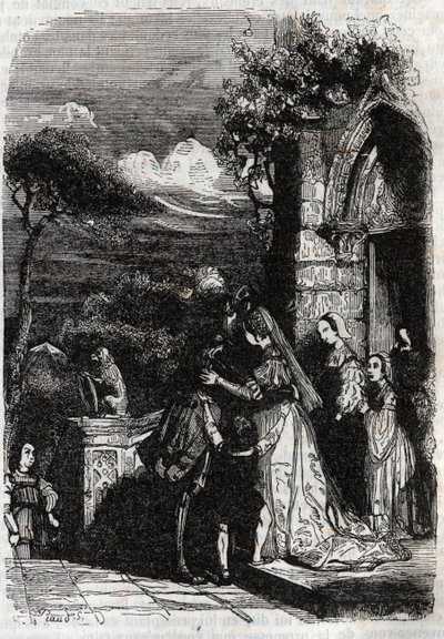 Renaud återvänder till sin familj - gravyr från 1851 från "" Furious Roland"" av Unknown artist