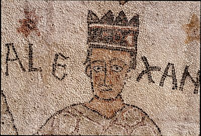 Representation av Alexander den store (356-323 f.Kr.), kung av Macedoine och erövrare av Persien, omgav den indiska faunan under erövringen av Indien. Trottoar av Pantaleone (eller Pantaleon av Unknown artist