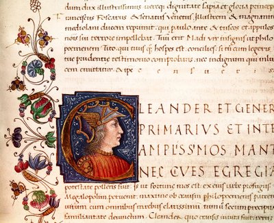 Representation av Alexander den store (356-323 f.Kr.) kung av Macedoine Miniature hämtad från "" Paralleles of illustrious men""" från Plutarchus (46-125 AD) (MS. XV. 1) 1400-talet. Cesena, Biblioteca Malatestiana av Unknown artist