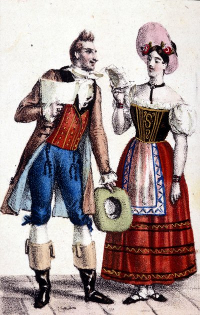 Representation av Dulcamare och Alina (framförd av Frezzolini respektive Heinefetter) i operan "Elixir d