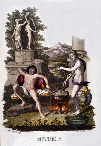 Representation av Medea som förbereder sina förbannelser efter argonauternas cykel. Gravyr av 1800-talet. av Unknown artist