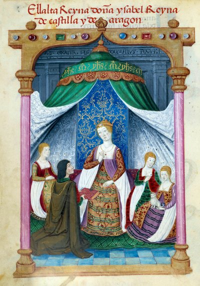Representation av drottning Isabella av Portugal Isabella av Aragon (1271-1336) omgiven av sina följeslagare och Pedro Marcuello som erbjuder henne sin bok. Manuskriptsida hämtad från "" Collection of devotion of Queen Joan the Folle (1479-1555) of Spain"" av Unknown artist