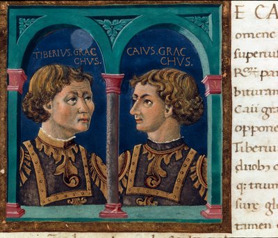 Representation av Tiberius Sempronius Gracchus (162-133 f.Kr.) och hans bror Caius Sempronius Gracchus (154-122 f.Kr.) med smeknamnet Gracchi, romerska statsmän (Tiberius Sempronius Gracco (162-133 f.Kr.) och Caius (Caio) Sempronius-122 BC) (Tibano) och Ca av Unknown artist