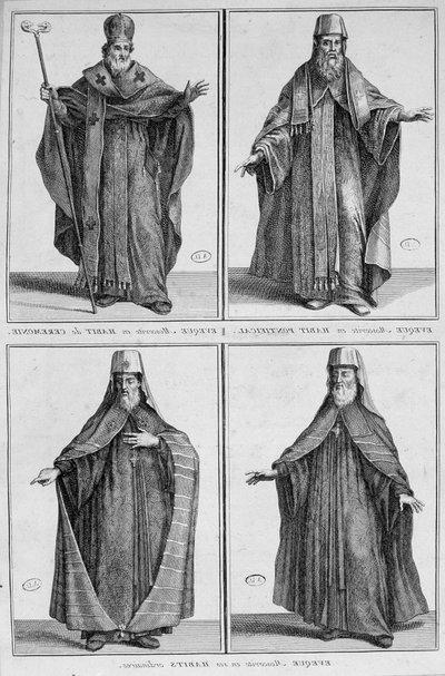 Representation av en Moskvabiskop i vanlig klädsel och ceremoniell klädsel. Gravyr av Unknown artist
