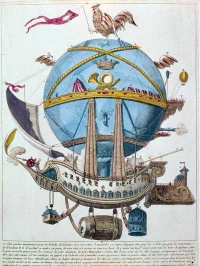 Framställning av en resa i en ballong, satirisk gravyr från 1700-talet. av Unknown artist