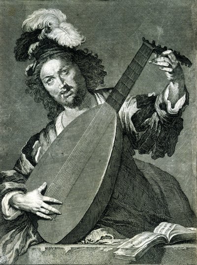 Representation av en lutspelare som stämmer sitt instrument. av Unknown artist