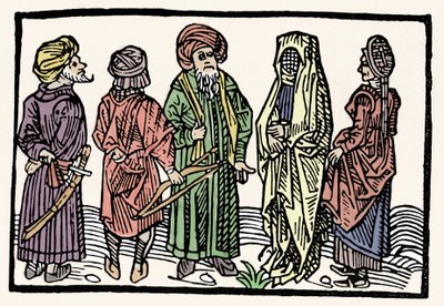 Representation av bovete. Män med armar med sammanflätade huvuden och beslöjade kvinnor. Xylografi av 1400-talet av Unknown artist