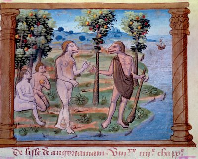Representation av monstruösa varelser med en människokropp och hundhuvud. Miniatyr hämtad från "" Mongolernas historia kallade av oss tartarer, beskrivning av seder, geografi, historia och framstående figurer av det mongoliska folket"", reseberättelse om f av Unknown artist