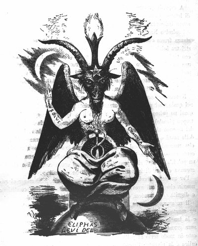 Representation av Baphomet: ett monster med ett gethuvud och en kvinnas kropp med alkemiska citat på armarna "lösa" och "koagula", en lövfällande mellan benen och ett pentagram på pannan. Eliphas Levis djävul (Alphonse Louis (Alphonse Lo av Unknown artist