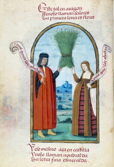 Representation av de katolska kungarna Ferdinand II (1452-1516) och Isabella 1:a av Kastilien (1451-1504) med en stövel av vild fänkål. Manuskriptsida hämtad från "" Collection of devotion of Queen Joan the Folle (1479-1555) of Spain"" av Pedro Marcuello av Unknown artist