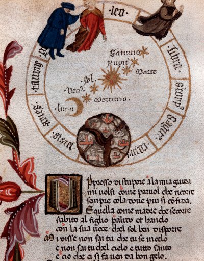 Representation av den italienska poeten Dante Alighieri och det ptolemaiska systemet - Miniatyr av Unknown artist