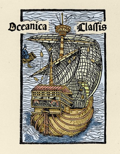 Representation av karavellen Santa Maria av Christopher Columbus (1451-1506). Gravyr från “De insulis in mare Indico super inventis”, Bale 1493-1494 (latinsk översättning av Columbus rapport till kungen av Spanien). av Unknown artist