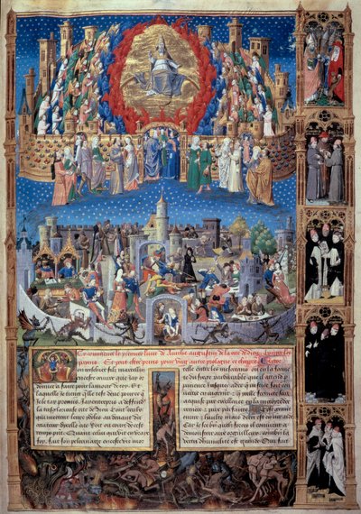 Representation av Guds stad (celeste) och människornas stad (jordisk) Miniatyr hämtad från "" De civitate dei"" (Guds stad) av Saint Augustine of Hippo (354-430), översatt av Raoul de Presles ca. 1480. Macons stadsbibliotek av Unknown artist