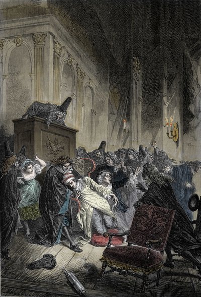 Representation av Jean-Baptiste Poquelins död, dit Moliere (1622-1673), död på grund av lungtäppa under en representation av de "imaginärt sjuka"" den 17/02/1673 av Unknown artist