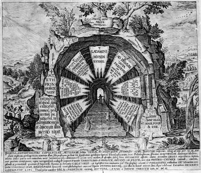Representation av ingången till House of Mysteres, symbolisk för evigt liv. Gravyr av "Amphitheatrum sapientiae aeternae". (Amphitheatre of eternal visdom) [Hamburg: s.n. av Unknown artist