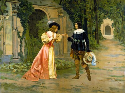 Representation av utbytet av ringen mellan Edgar och Lucia i akt I av operan "" Lucie de Lammermoor"" (Lucia di Lammermoor) av Gaetano Donizetti. av Unknown artist