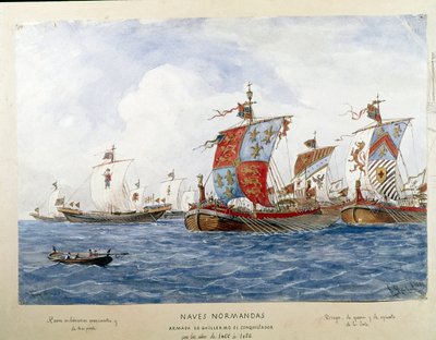 Representation av Vilhelm Erövrarens flotta under 1000-talet, krigsfartyg, handel, passagerartransport (Akvarell av Unknown artist