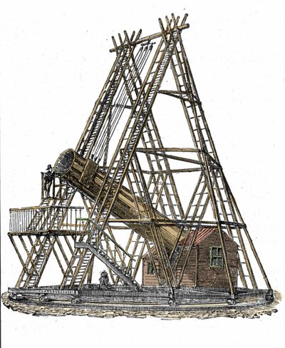Representation av den engelske astronomen William Herschels (1738-1822) teleskop. Gravyr av 1800-talet av Unknown artist