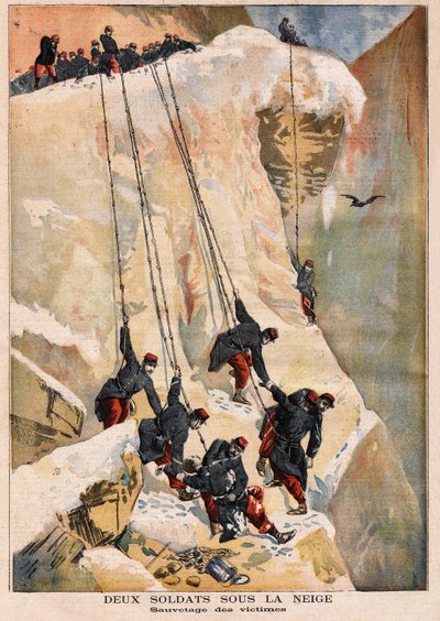 Räddning av 2 soldater från 97:e linjeregementet, på ett gränsövervakningsuppdrag, offer för en lavin orsakad av smältning av vårsnö. Gravyr i "" Le petit journal"" 1894-05-14. Selvas samling. av Unknown artist
