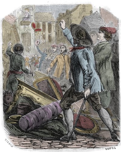 Reveillon-upplopp inträffade mellan 26-29 april 1789 - Franska revolutionen: Reveillon-affären - "" Plundring av tillverkningen av papints Jean Baptiste de Reveillon le 28 april 1789"" Ett parisiskt upplopp plundrade fabriken på rue du Faubourg saint Antoi av Unknown artist