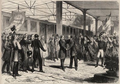 Septemberrevolutionen 1868 i Spanien (Gloriosa): anländer från Salustiano Olozaga (1805-1873) i Madrid. Gravyr i "" L