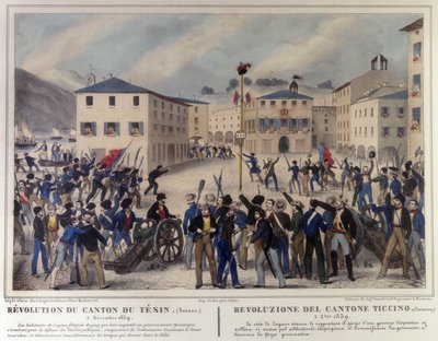Revolution av kantonen Ticino i Schweiz den 5 december 1859. Gravyr av 1800-talet. av Unknown artist