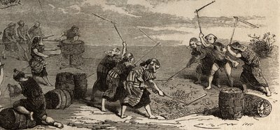 Risodling: sista steget, med hjälp av blomman och kvarnen, separeras riskornen från sin stjälk och skal, förvaras sedan försiktigt i lådor med flätat halm. Gravyr för att illustrera resan till Japan 1863-1864, av Aime Humbert, minister av Unknown artist
