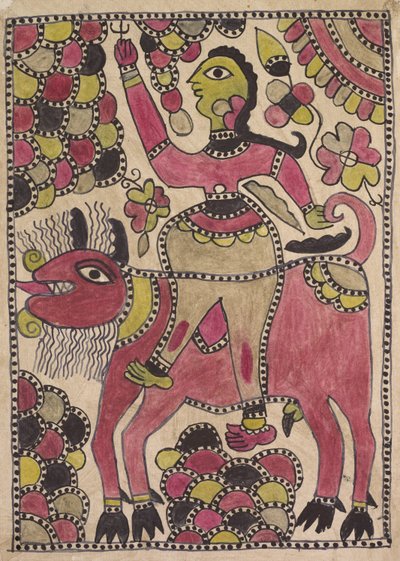 Ryttare och fyrbent nötkreatur i lila, chartreuse och svart palett av Unknown artist